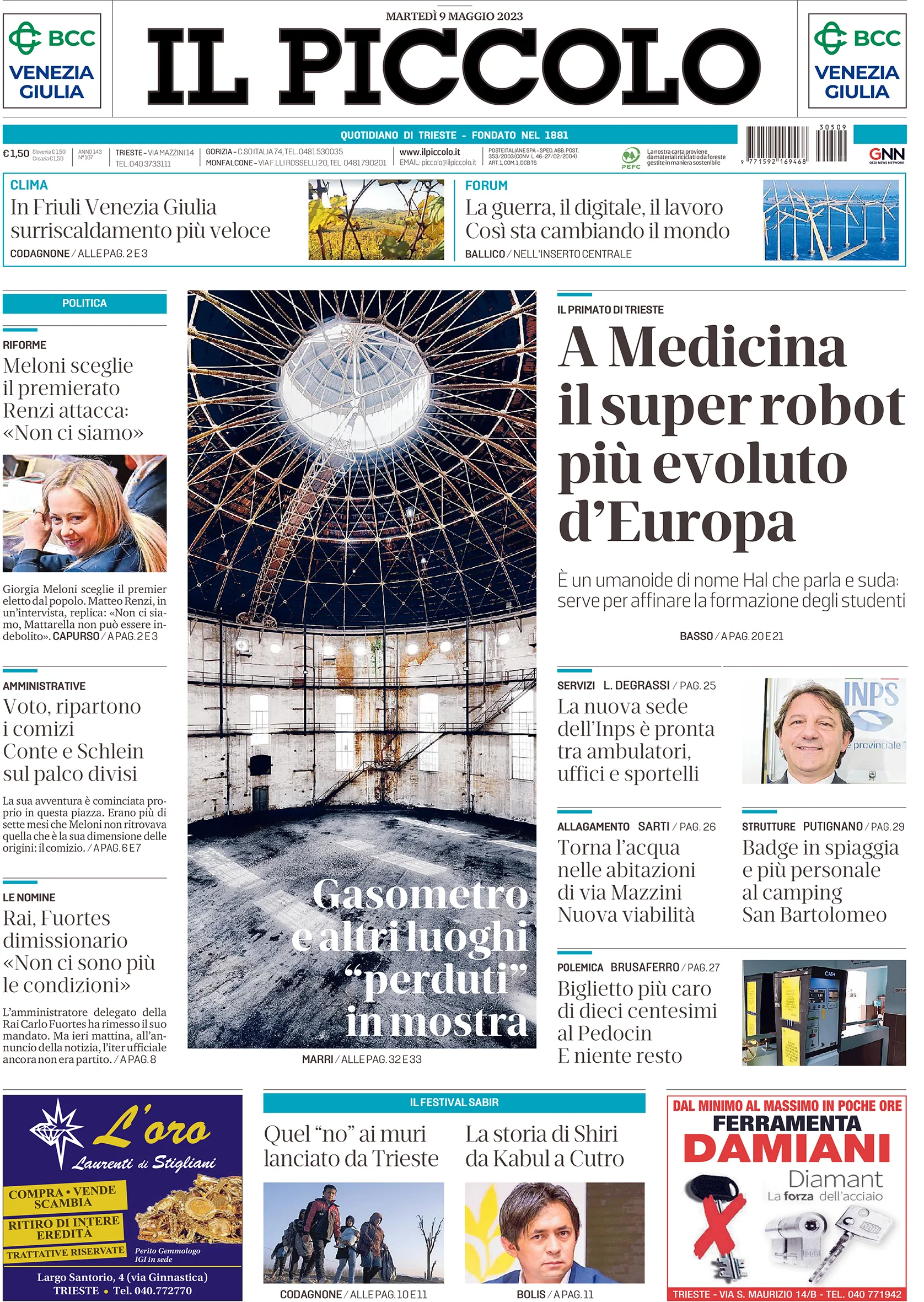 Il Piccolo, 9 May 2023 — front page featuring Barbara Essl's exhibition at Magazzino 26, Trieste.