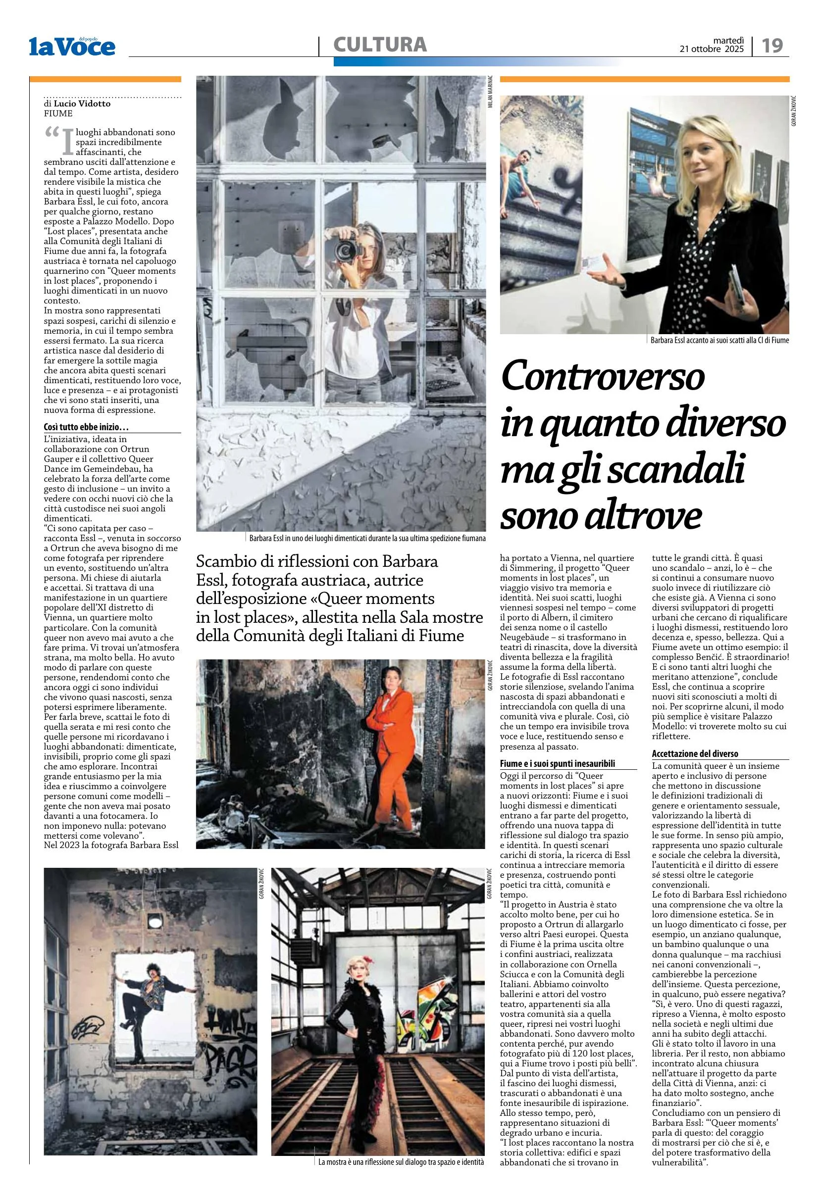 La Voce del Popolo, 21 October 2025 — culture page on Barbara Essl's exhibition.