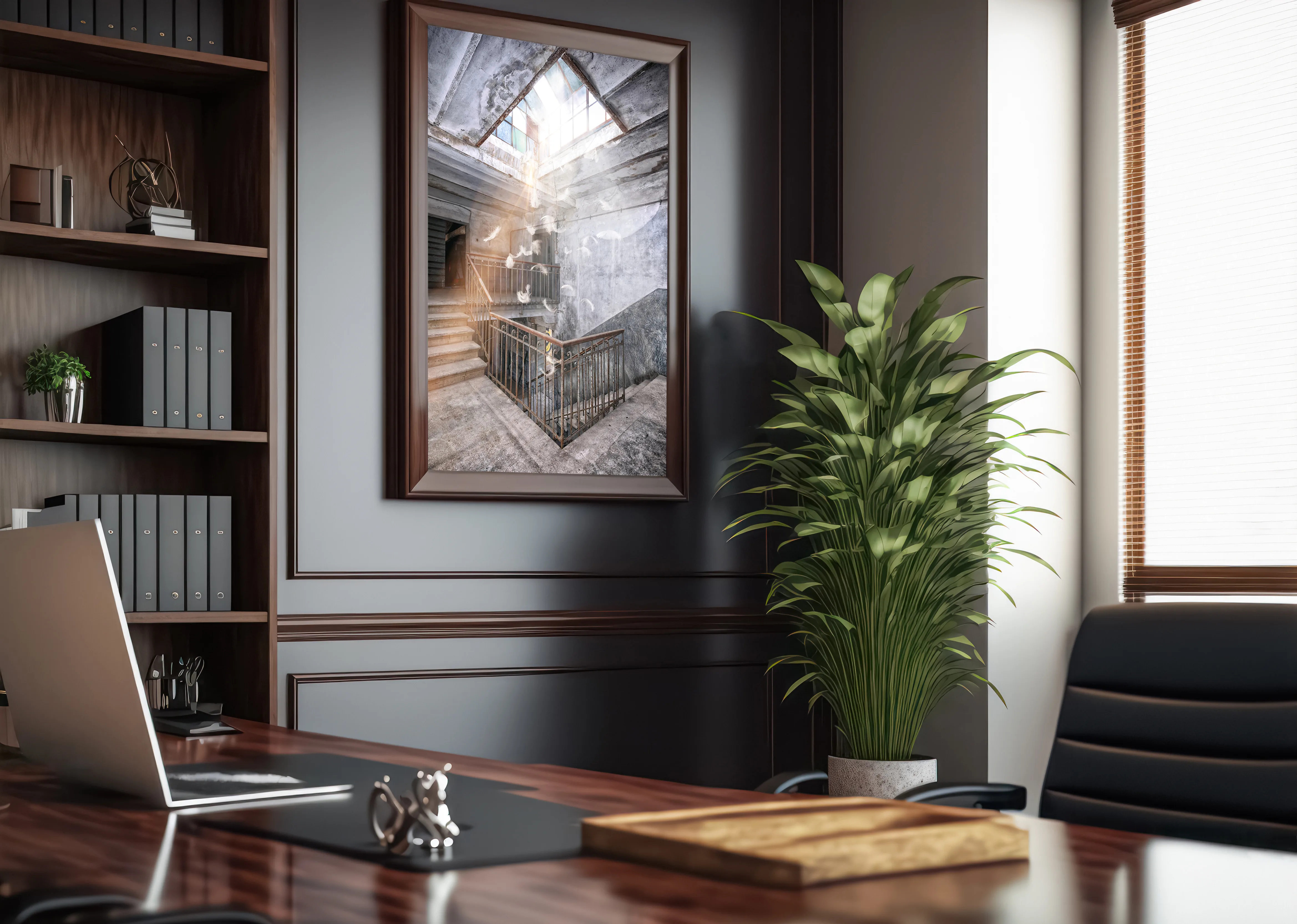 Office with a framed photographic artwork by Barbara Essl.