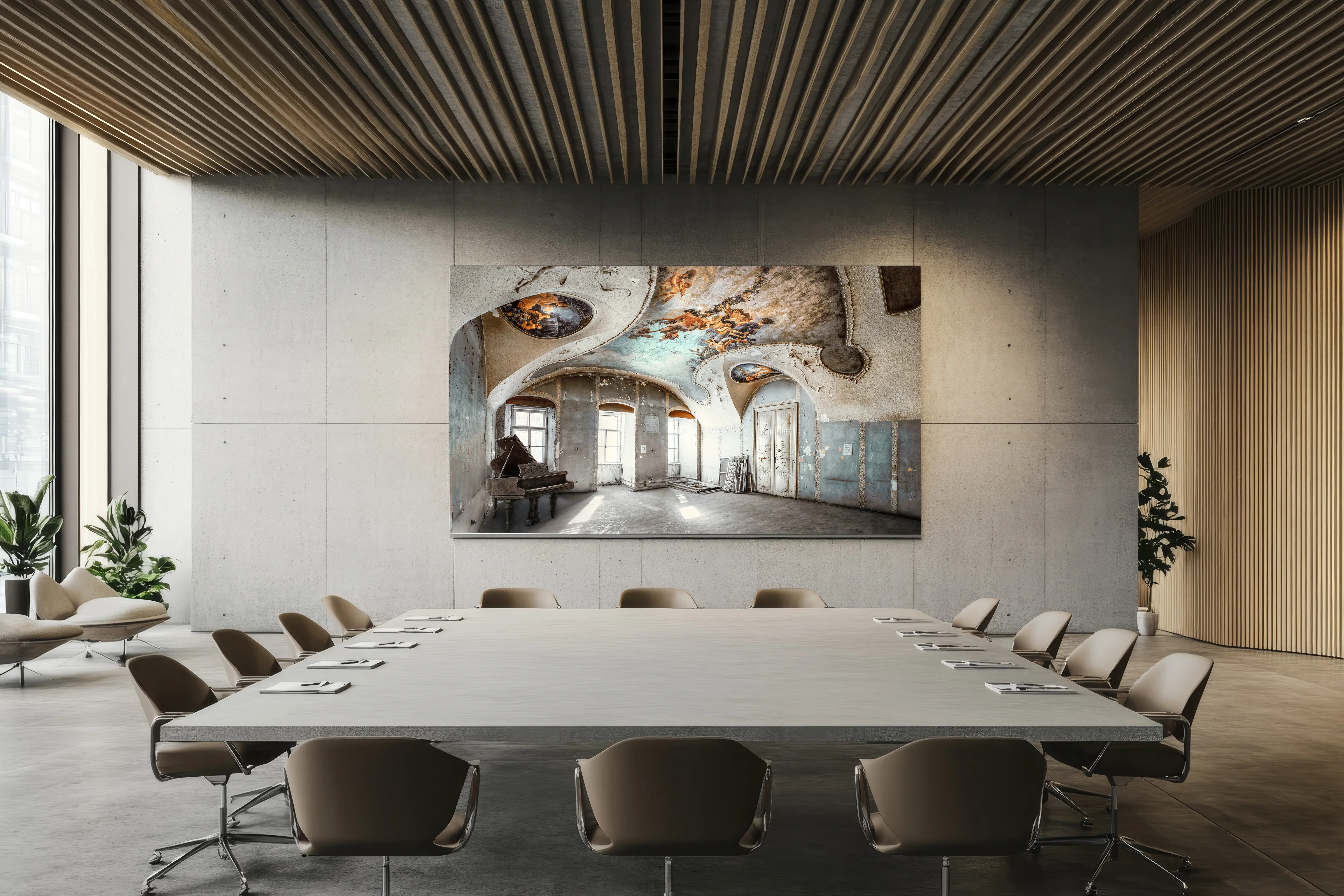 Meeting room with a large-format photographic artwork by Barbara Essl.