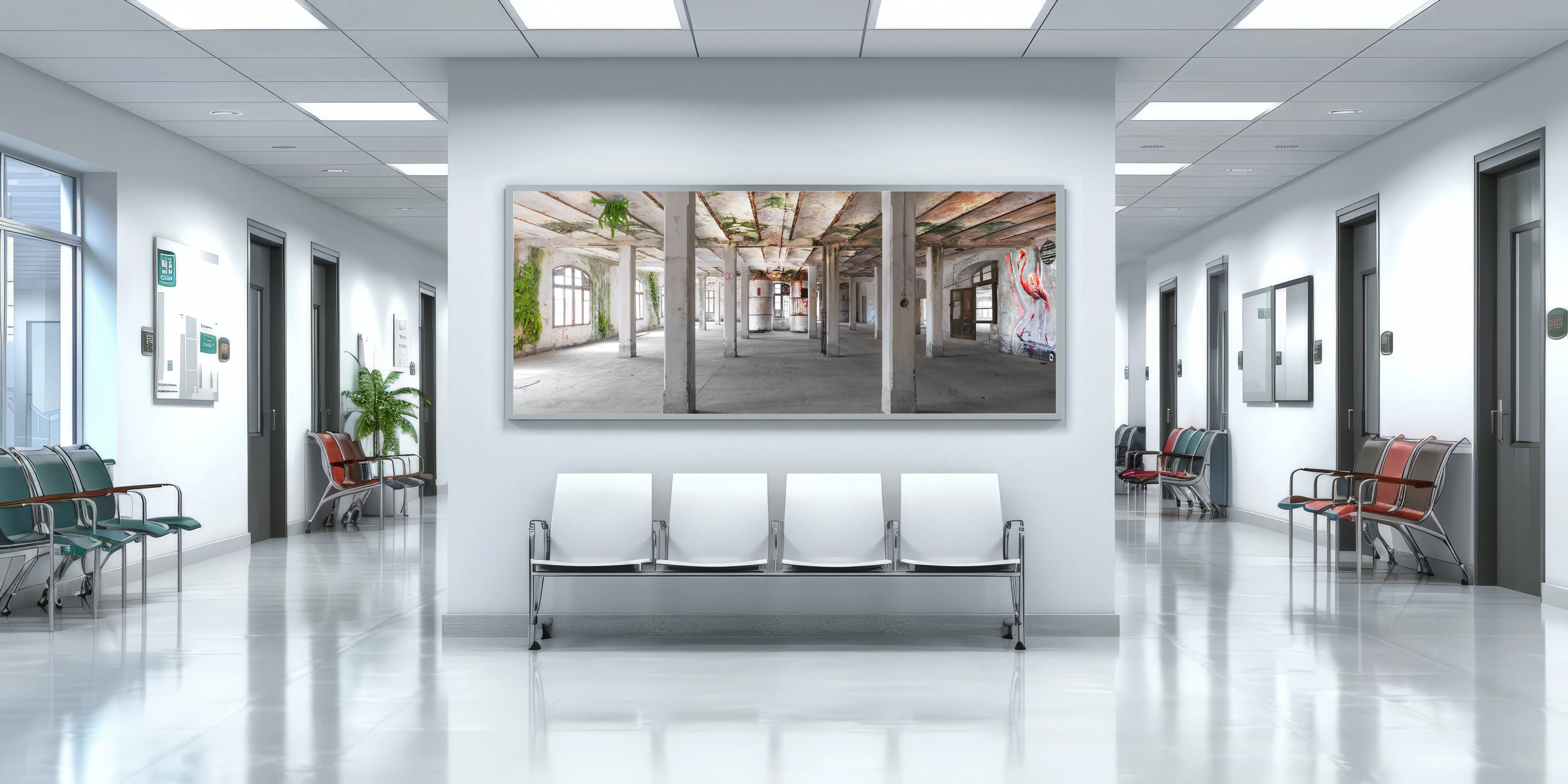 Waiting area with a photographic artwork by Barbara Essl.