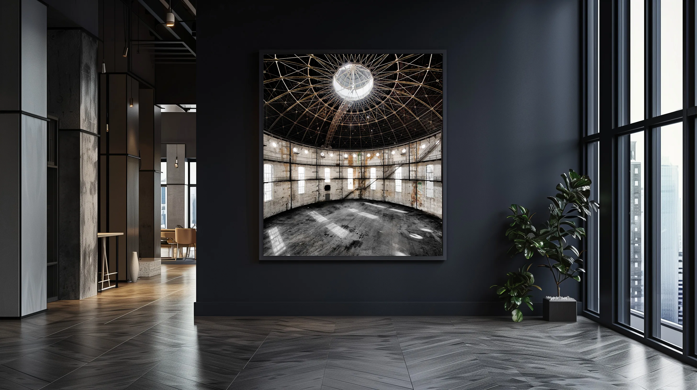 Hall with large-format photograph — Gasometer, Trieste.