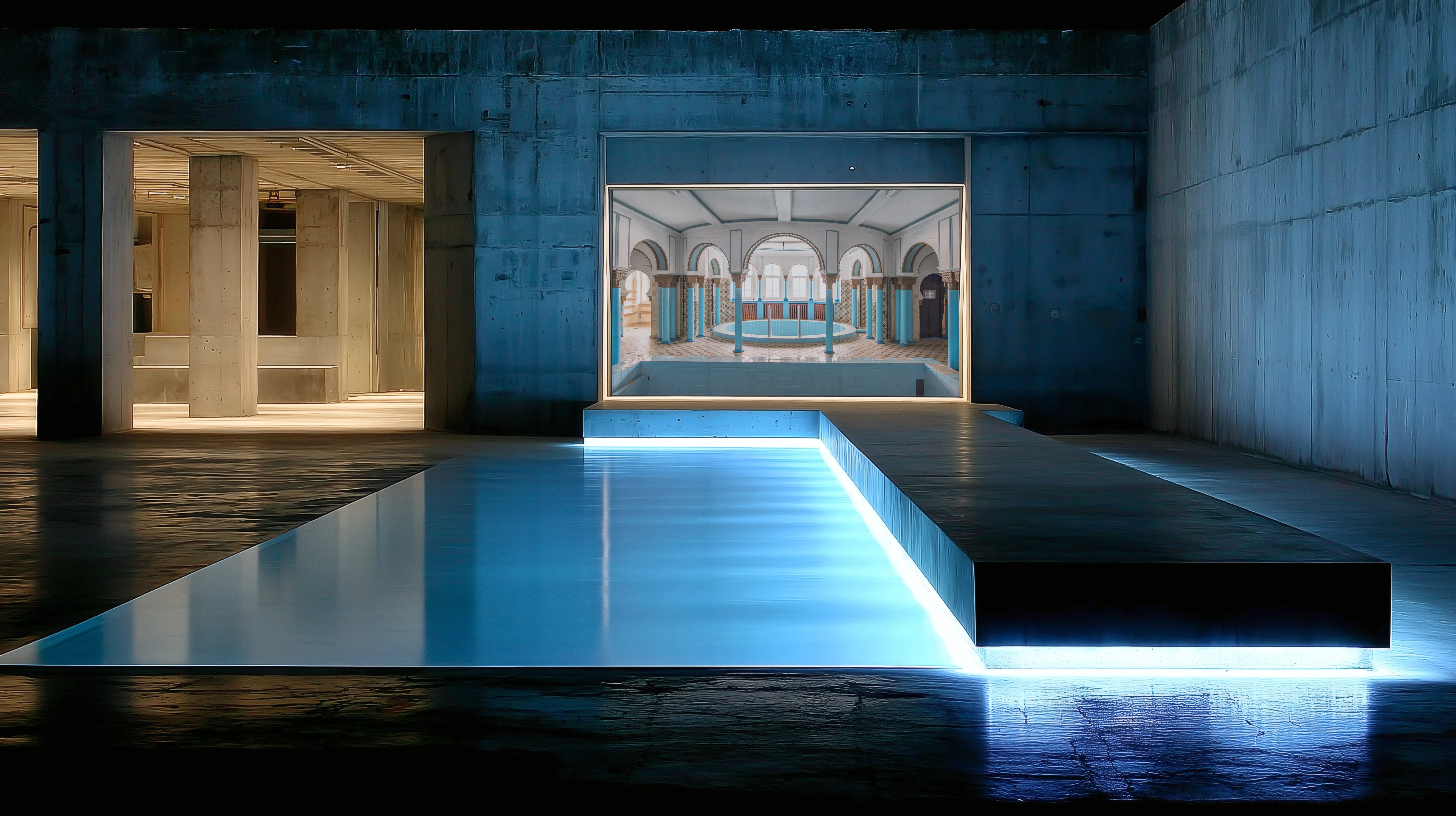 Pool with large-format photograph — Stadtbad Leipzig, Sauna.