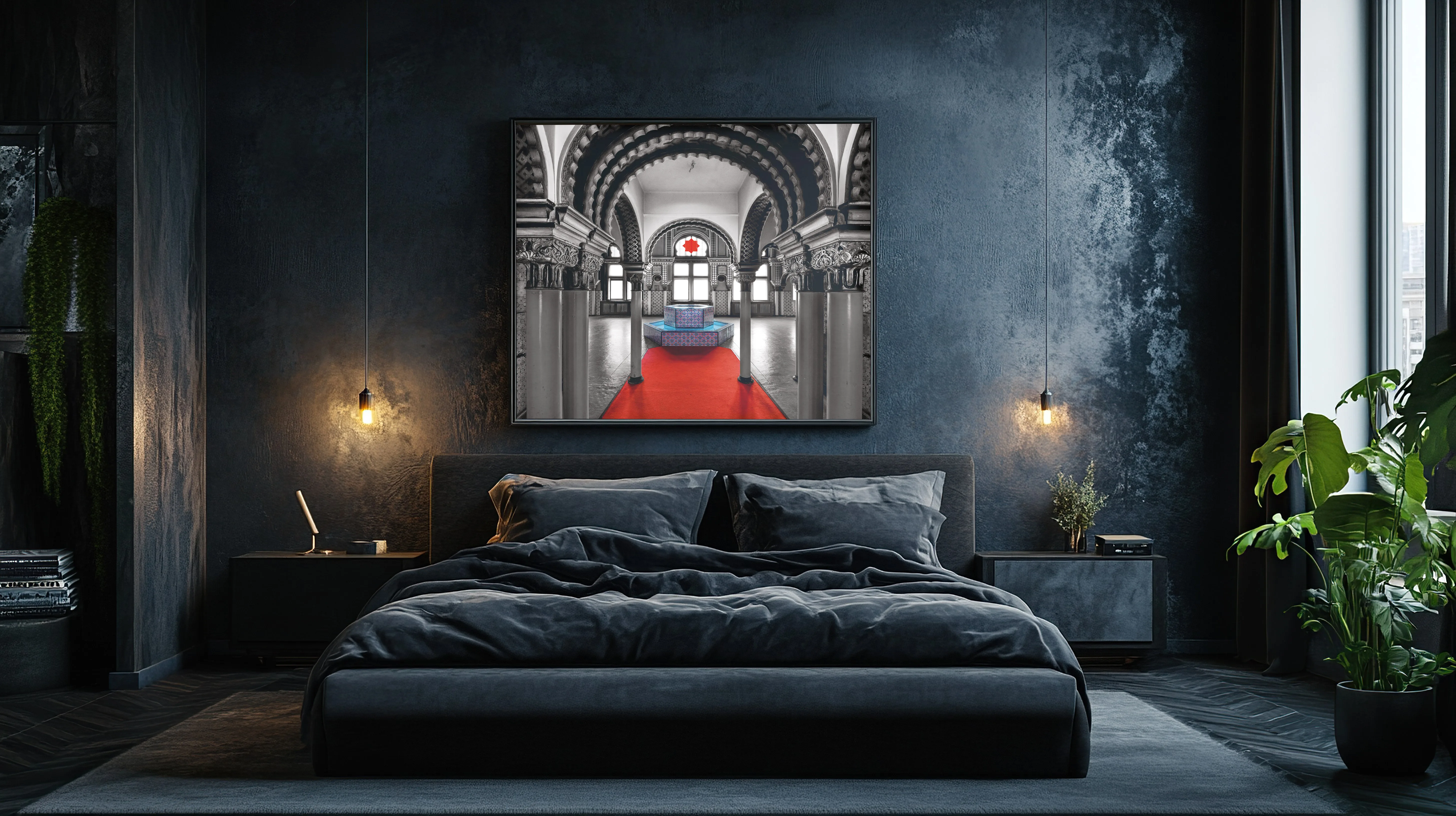 Guest room with large-format photograph — Stadtbad Leipzig, Hammam.